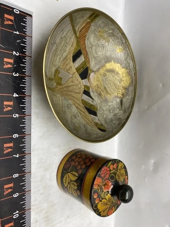 Brass Bird Dish & Lacquered Floral Trinket Box