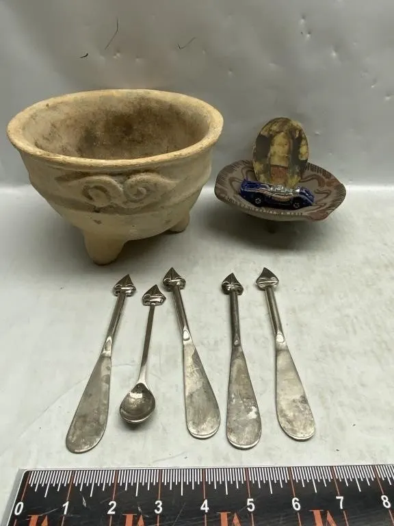Pottery Bowl, Small Plate, Spoons & Toy Car Lot