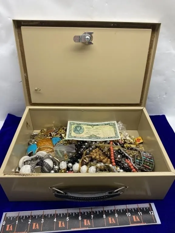 Metal Box of Costume Jewelry & Pins