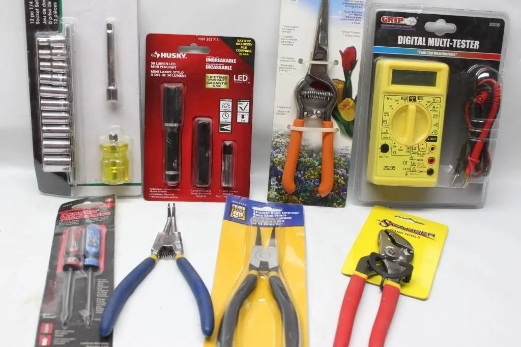 Assorted Tools: Socket Set, Flashlight, Pliers,