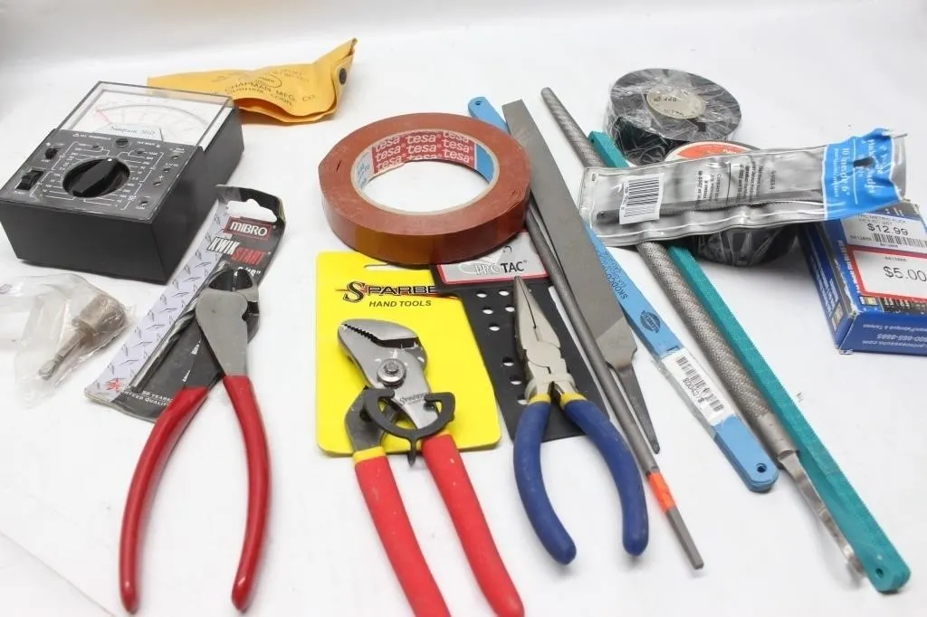 Tools Lot: Pliers, Files, Tape, Simpson Multimeter