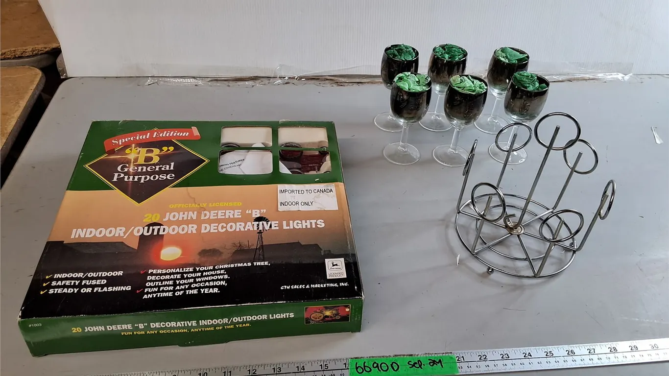 (6) Liquor Glasses, Metal Caddy & John Deere Christmas Lights- Power On