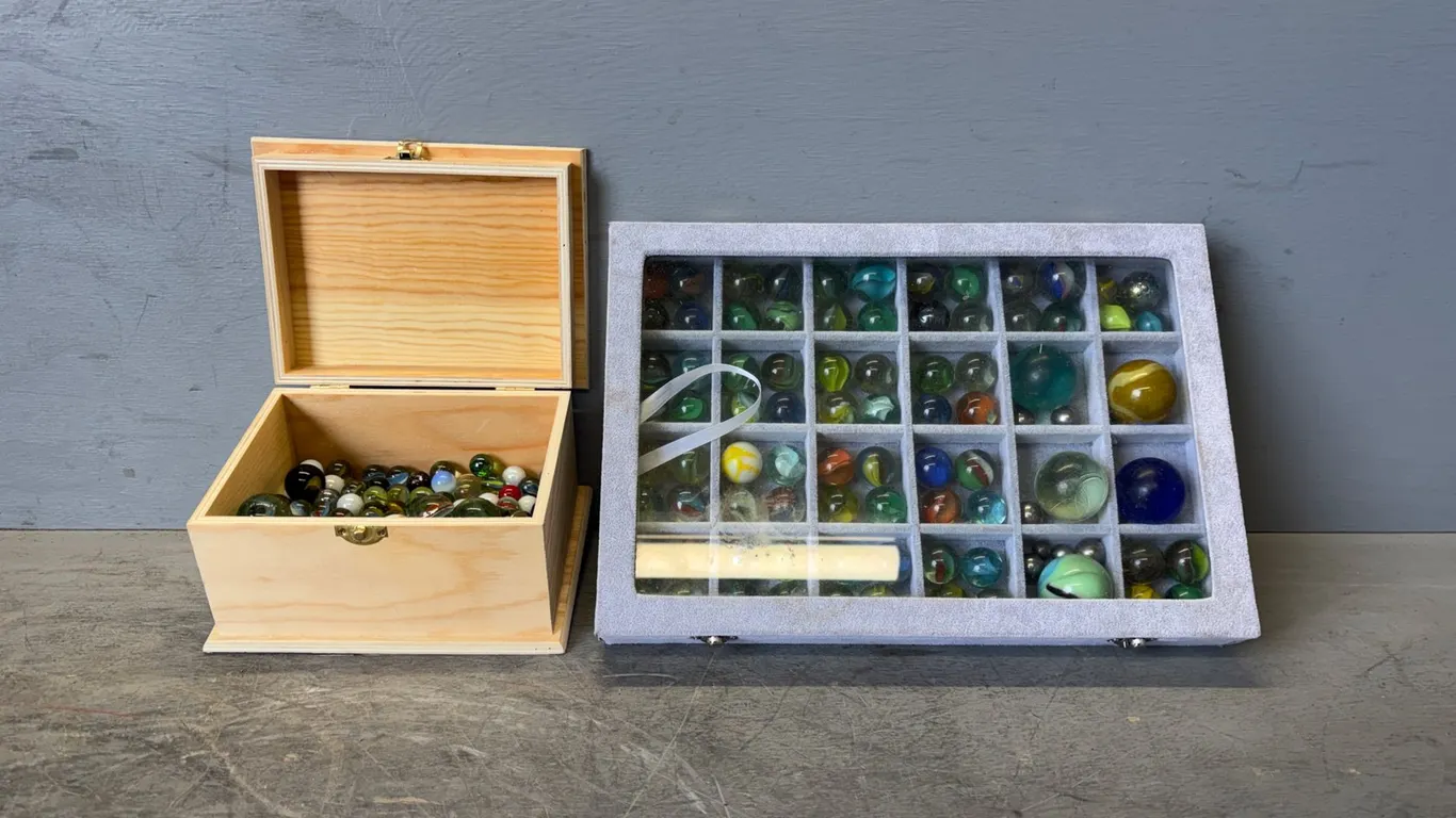 (1) Fabric Case of Marbles (1) Wooden Box of Marbles