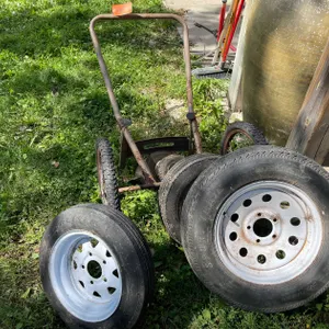 Metal 2 Wheeled Cart and (6) Assorted Tires