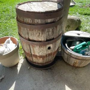 (3) Barrels and (2) Flower Pots
