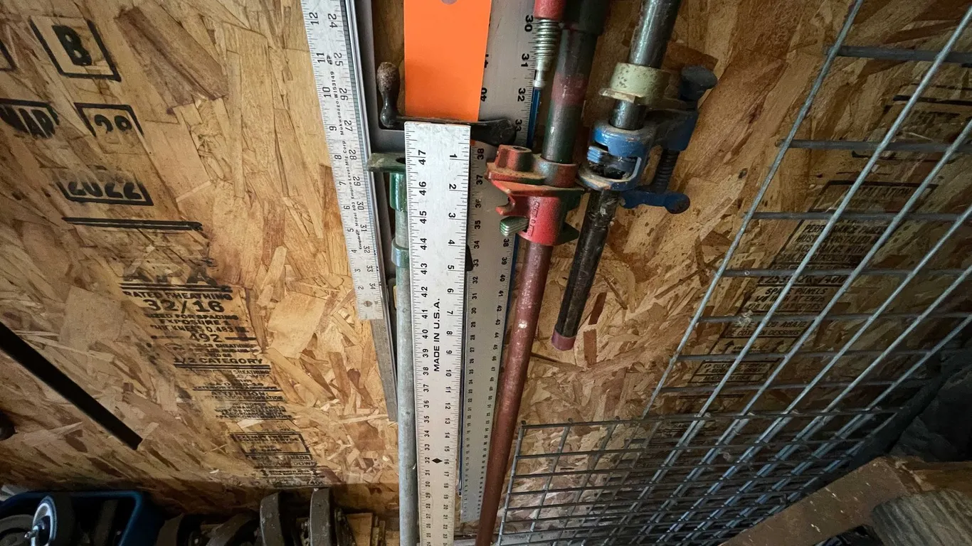 Assorted Long Bar Clamps and Measuring Tools