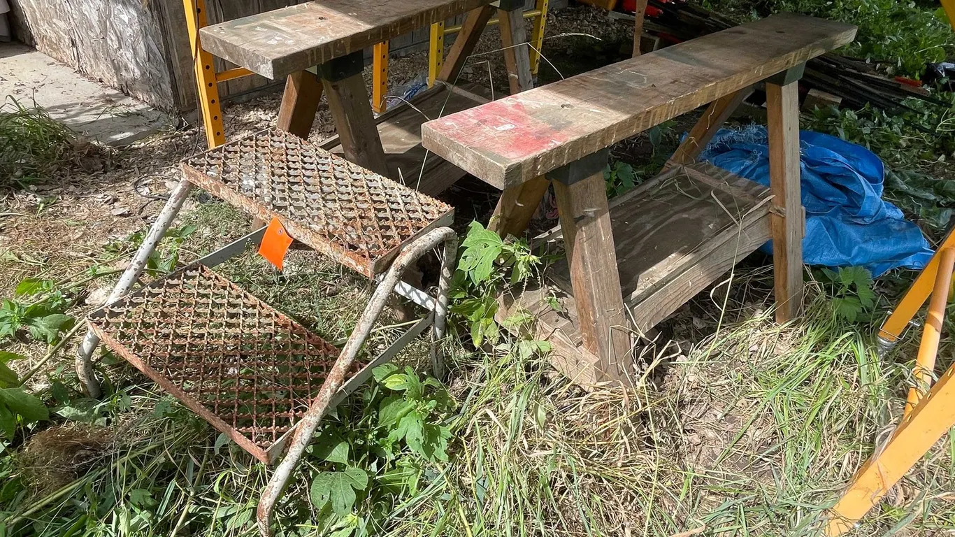 Metal Step Stool and (2) Wooden Saw Horses