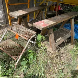 Metal Step Stool and (2) Wooden Saw Horses