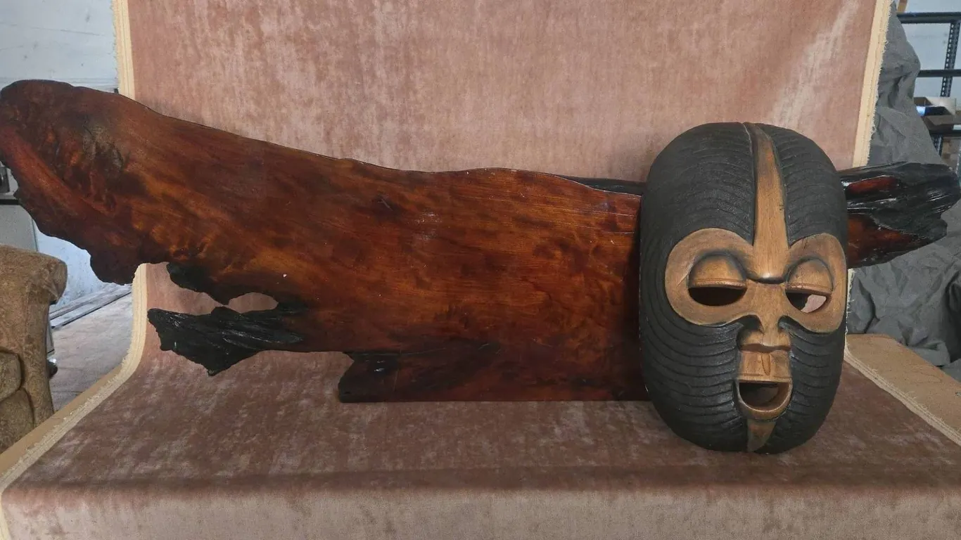 Hand-Carved Wooden Mask and Natural Wood Display Stand