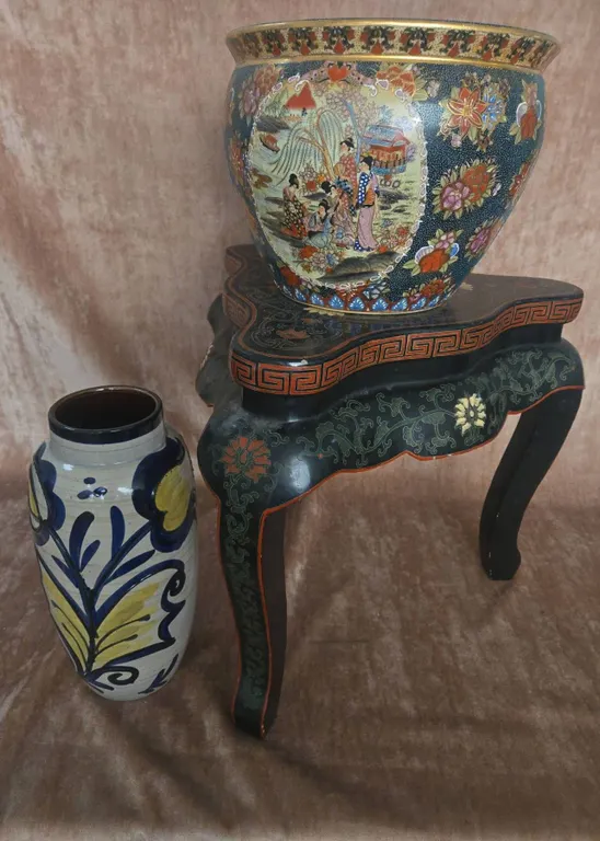 Hand Painted Asian Planter, Tri-Leg Table, and Ceramic Vase Lot