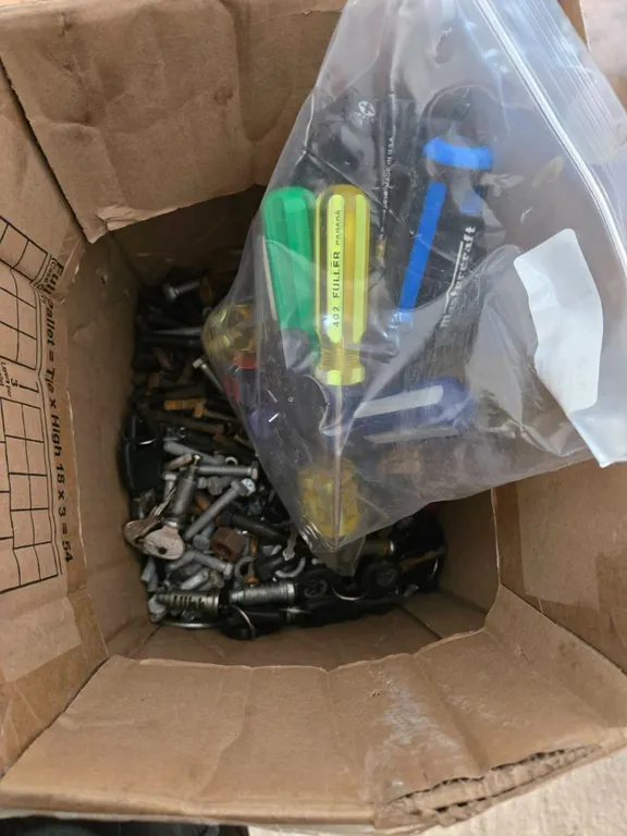 Screws, Bolts, Keys, and Bag of Screwdrivers