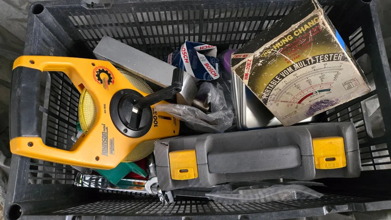 Plastic Tote With Johnson Level, Wrenches, Test Meter, Miscellaneous Tools