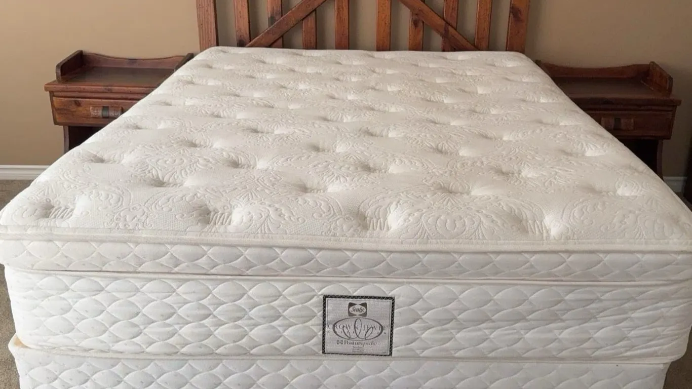 Queen Sealy Posturepedic Crown Jewel Mattress Set with Rawhide Rustic Wood Bed Frame and Nightstands