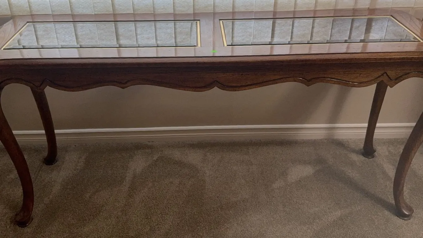 Wood and Glass Display Console Table with Cabriole Legs