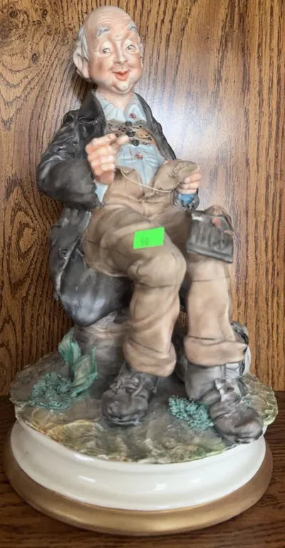 Capodimonte-Style Porcelain Figurine of Elderly Man Sewing, Marked Italy