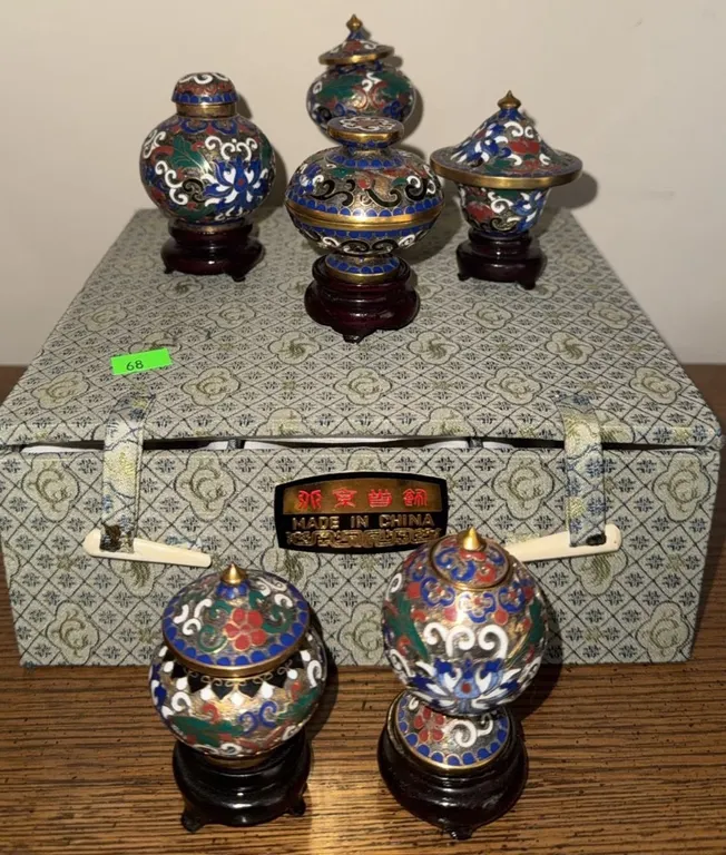 Five Chinese Cloisonné Lidded Jars on Stands with Decorative Storage Box