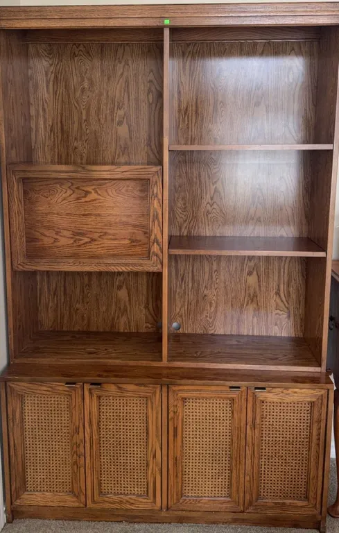 Wood Bookcase with Cane Front Cabinet Doors and Adjustable Shelves