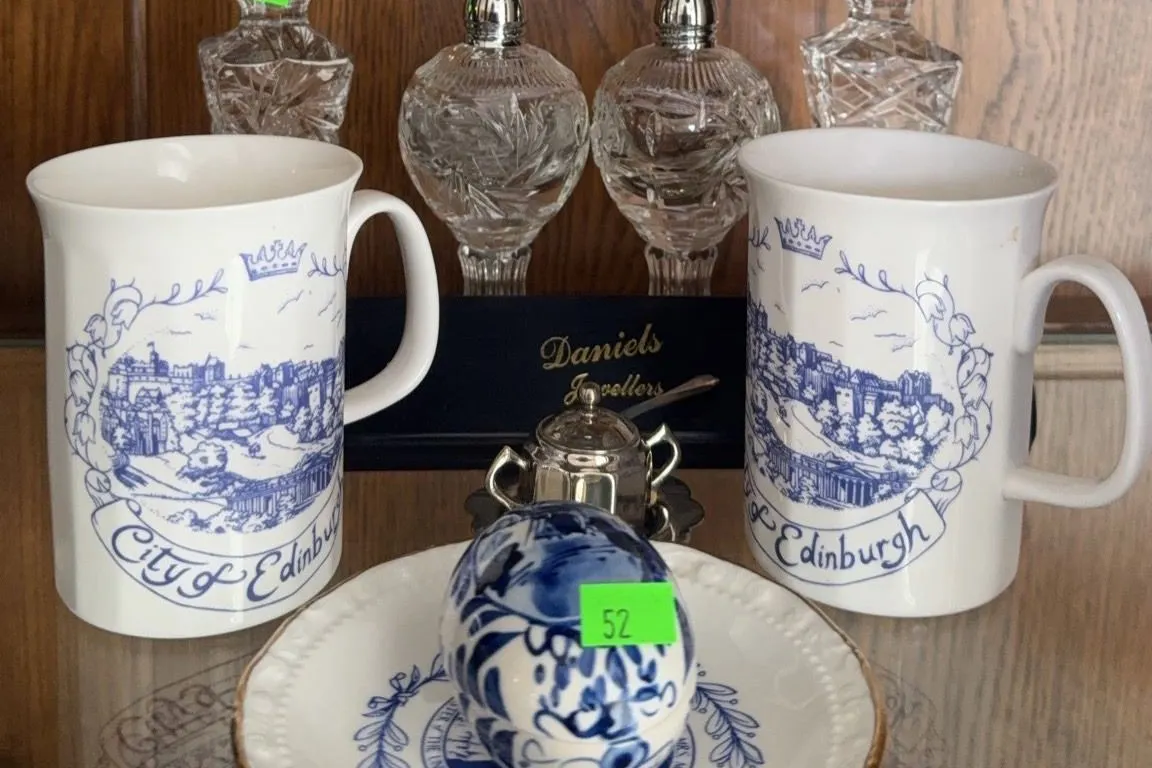 Lot: Edinburgh Mugs, Crystal Salt and Pepper, and more