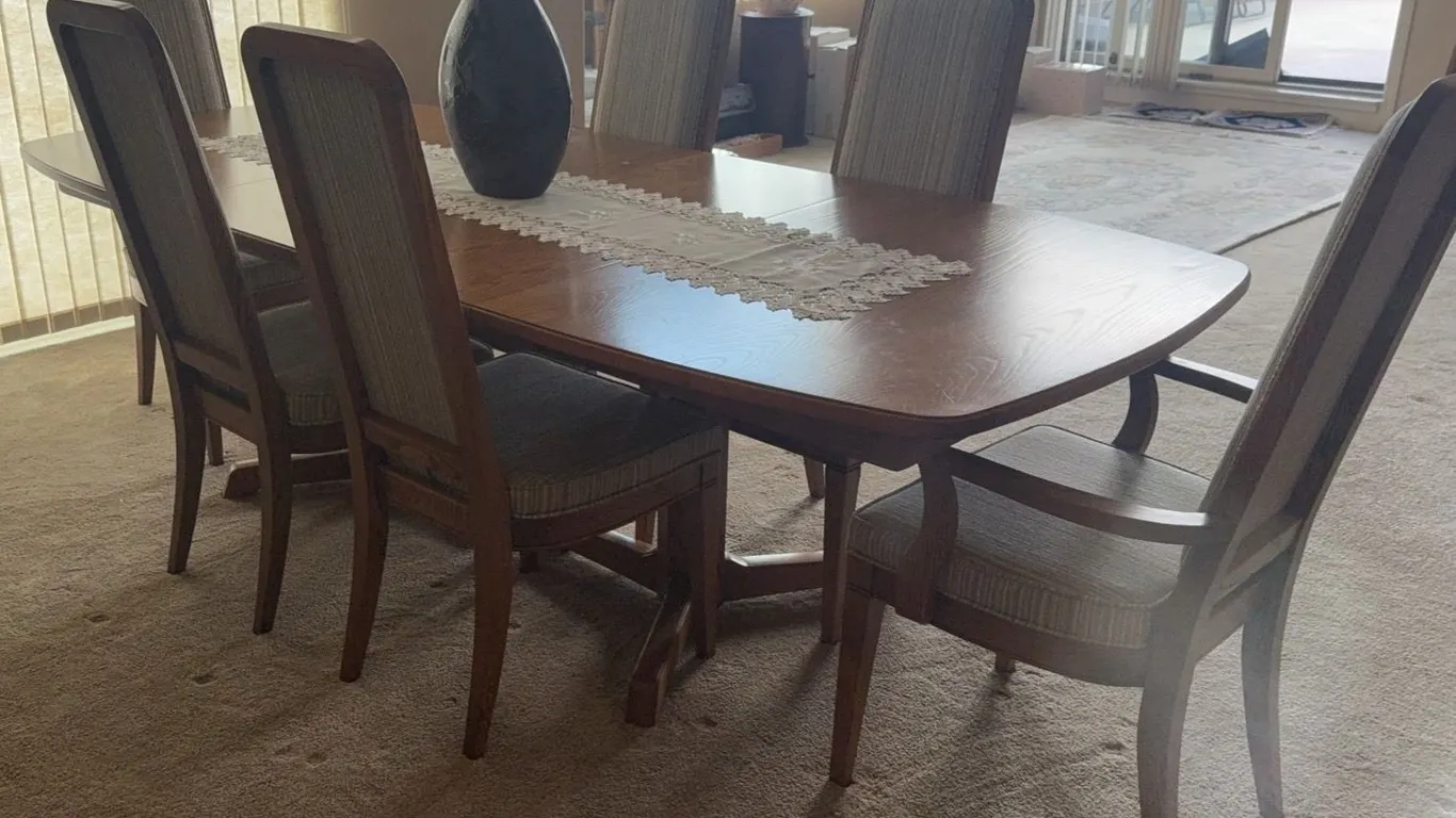 Oak Dining Table with Six Upholstered High-Back Chairs
