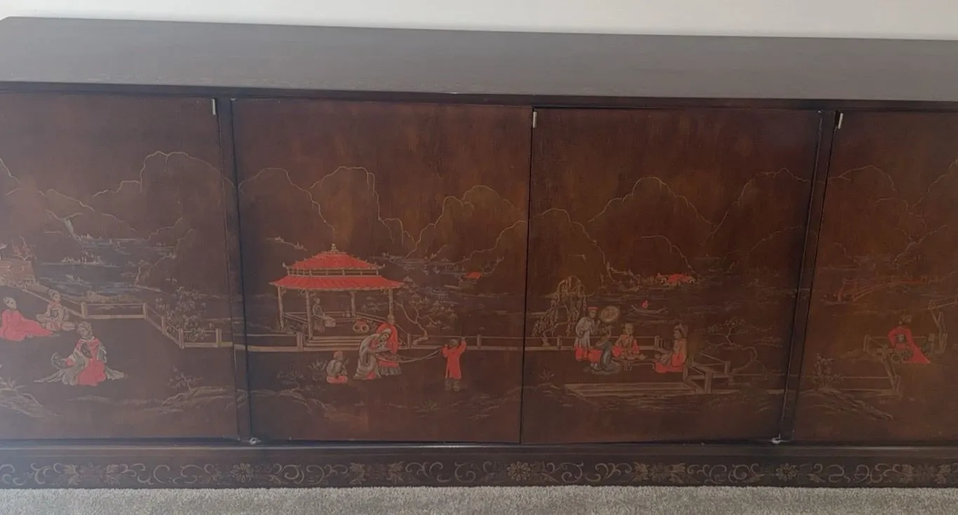 Hand-Painted Lacquered Wood Cabinet with Asian Landscape Motif