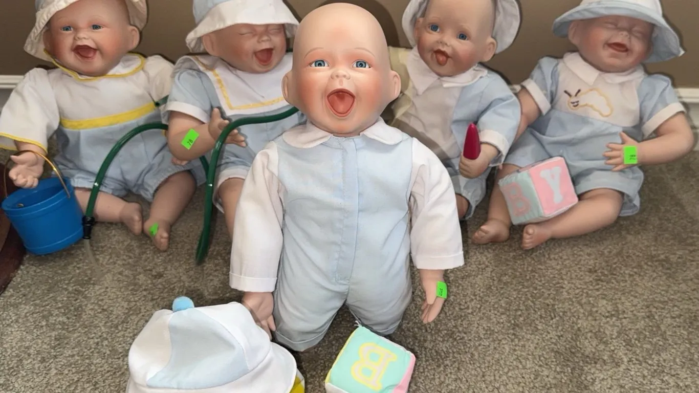 Five Porcelain Ashton Drake Baby Dolls in Blue and White Outfits with Accessories