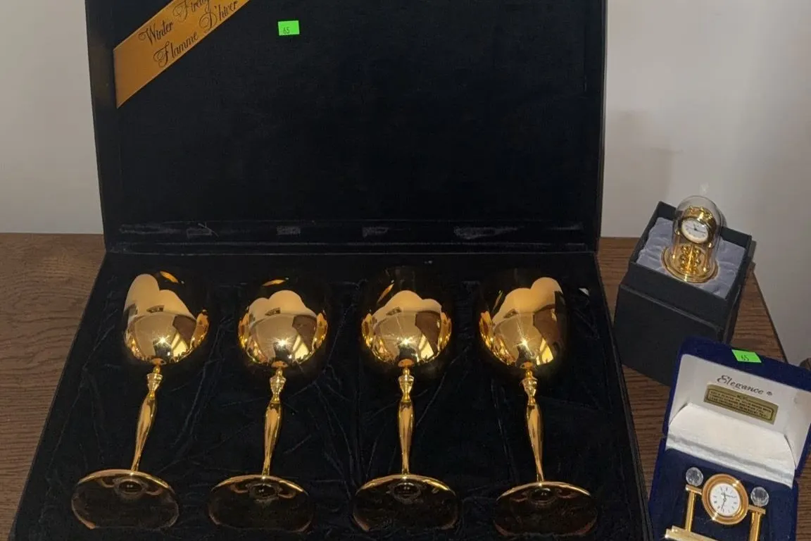 Koch & Bergfeld Damast Silver Goblets with Box and Two Small Desk Clocks