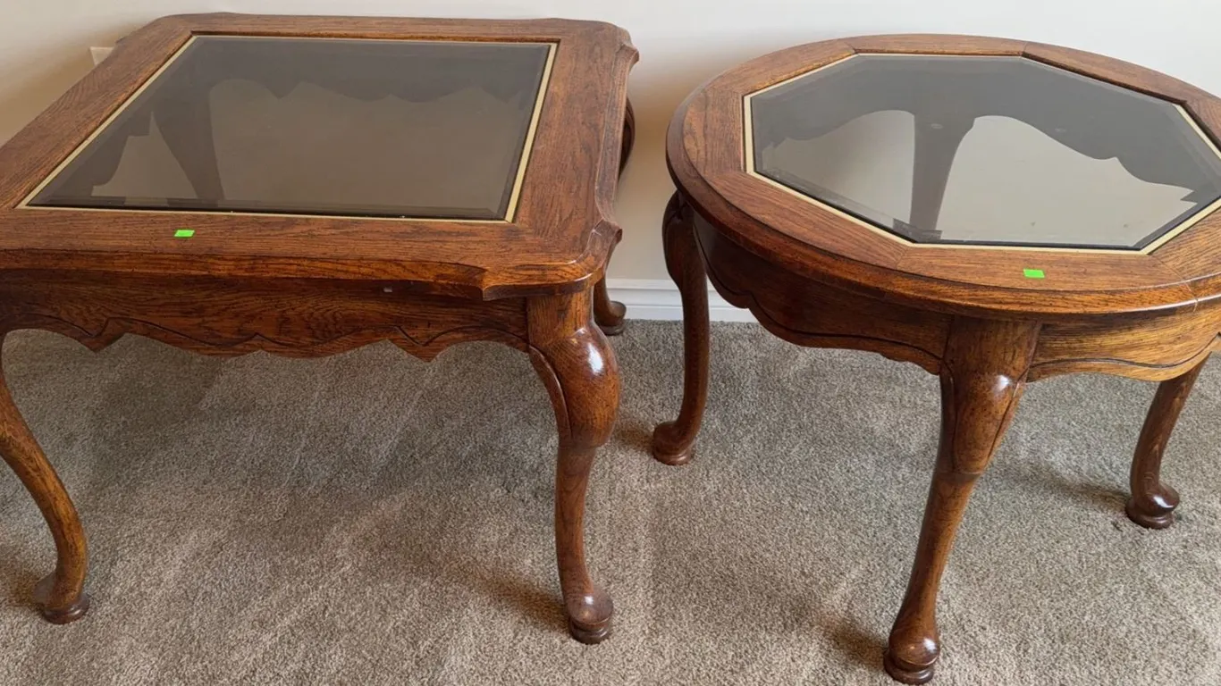 Glass Top Oak Wood Occasional Tables with Cabriole Legs