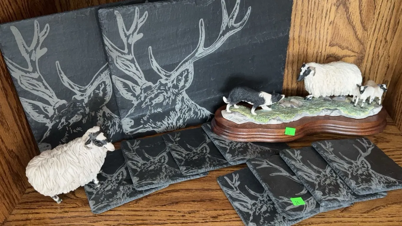 Figurine Group by Border Fine Arts and Deer Motif Slate Coaster Set