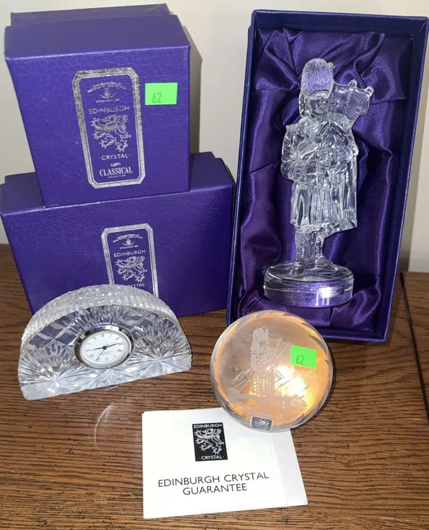 Edinburgh Crystal 'Classical' Clock, Bagpiper Figure, and Engraved Paperweight Set