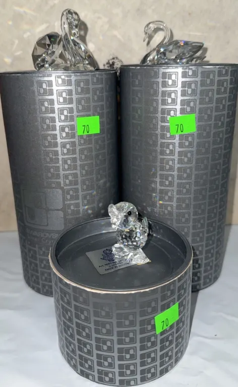 Swarovski Crystal Swan and Duck Figurines with Original Cylindrical Boxes