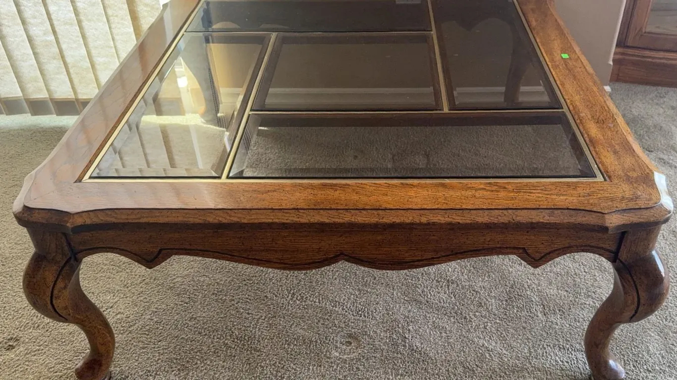 Glass Top Oak Wood Coffee Table with Partitioned Panels and Cabriole Legs