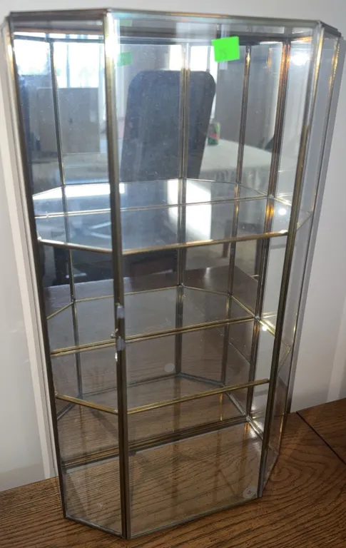 Wall-Mount Brass and Glass Display Cabinet with Four Shelves