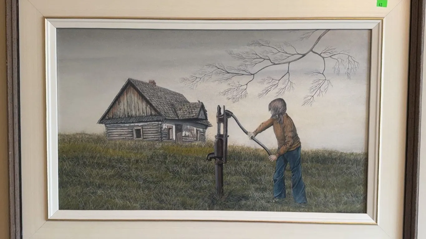 A. H. Urbanek Framed Painting of Child at Water Pump with House
