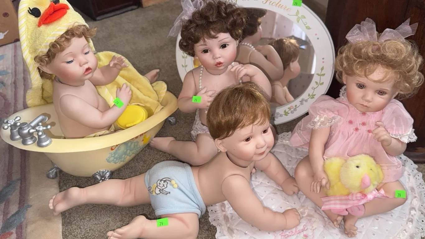 Ashton Drake Porcelain Baby Dolls Set with Accessories and Bathtub