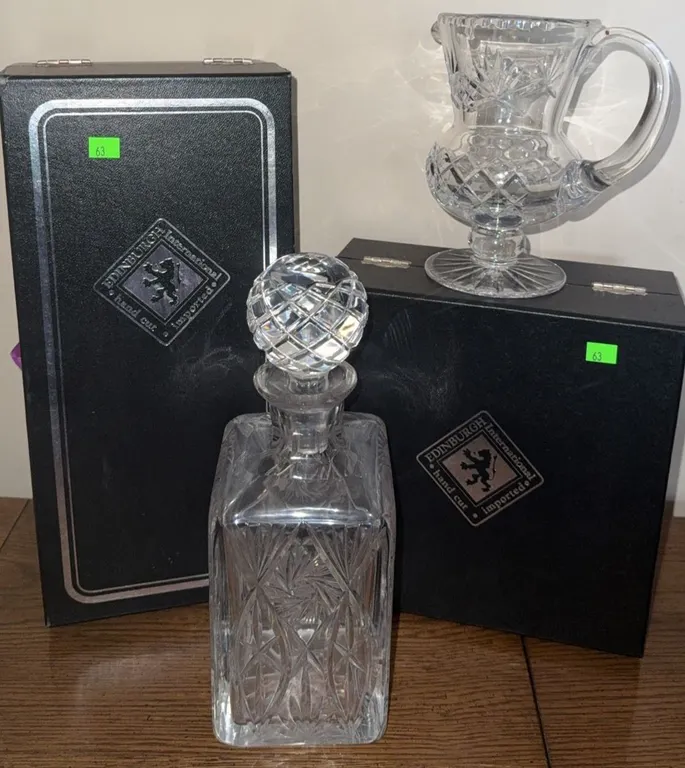 Edinburgh International Hand Cut Lead Crystal Decanter and Creamer Set with Boxes