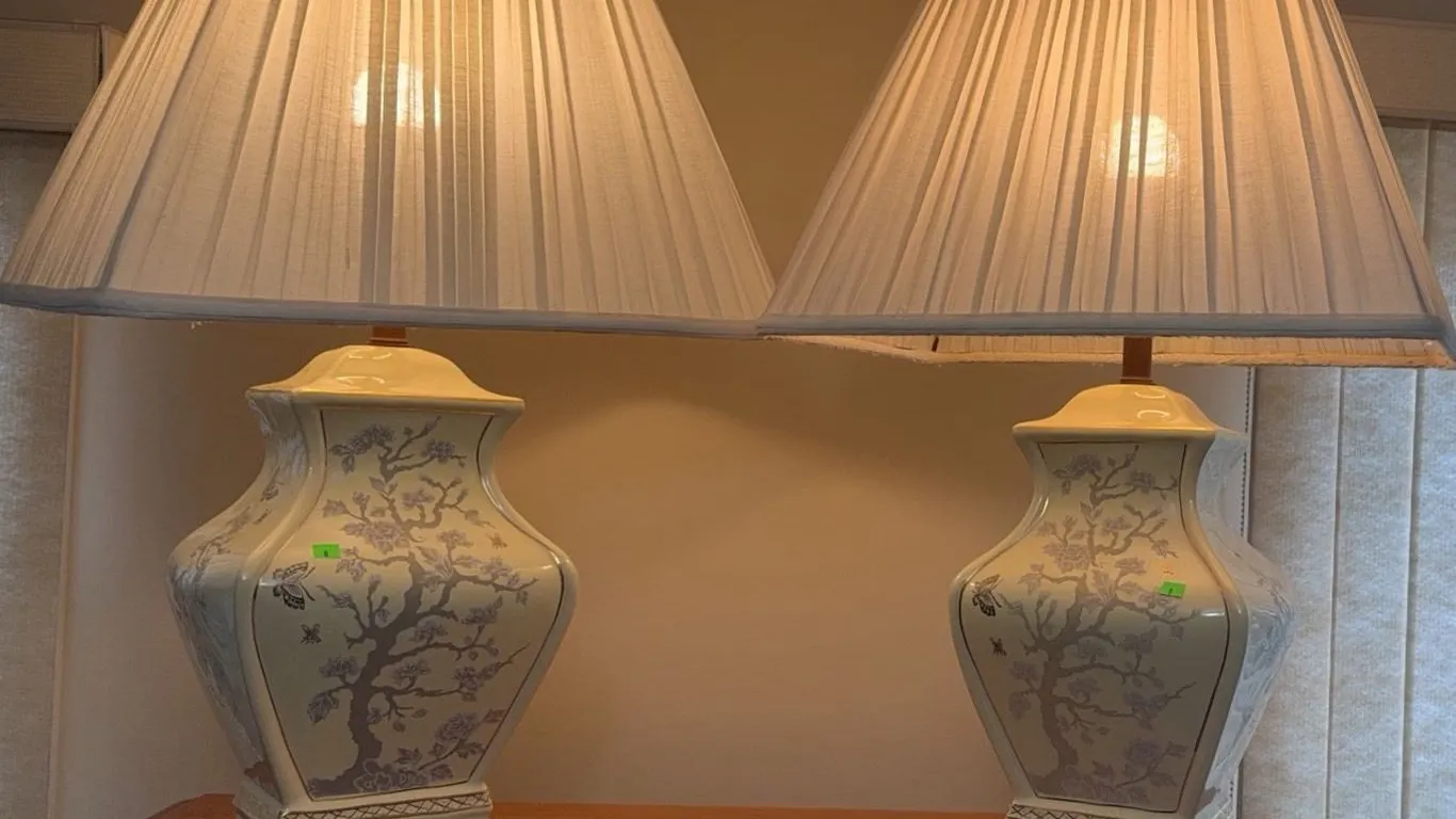 Porcelain Table Lamps with Floral Tree Design and Pleated Shades