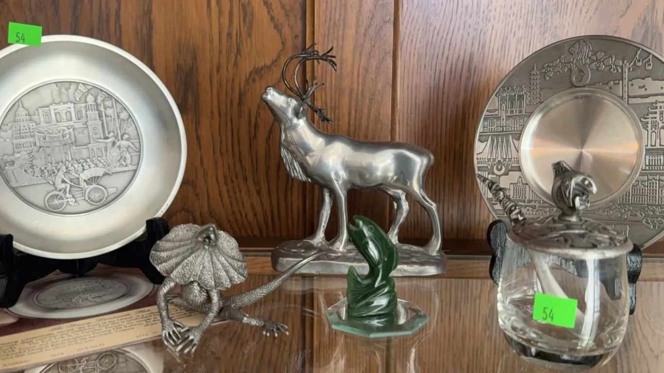 Decorative Collectibles Including Pewter Plates, Glass Jar, Animal Figures