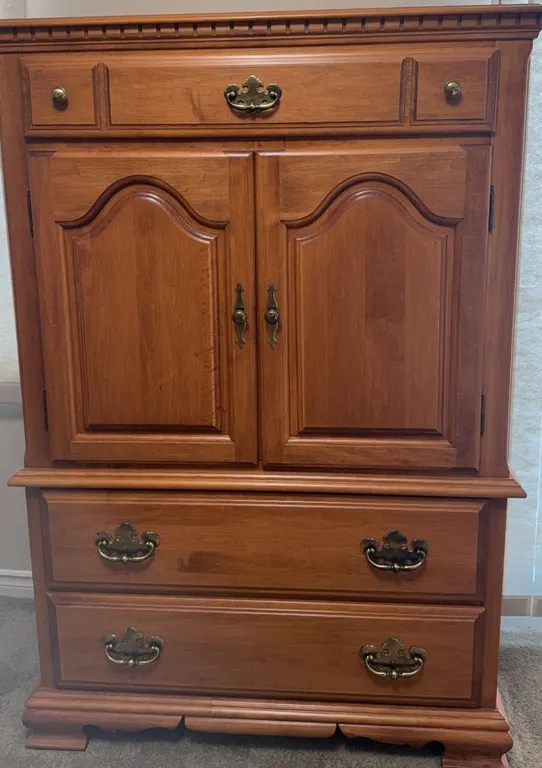 Solid Wood Maple Armoire with Brass Hardware and Three Drawers