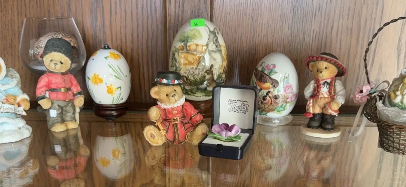 Cherished Teddies Figurines with Decorative Ceramic Eggs and Basket Lot