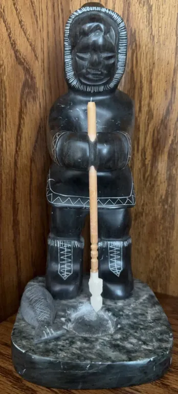 Signed Mark Paul Inuit Soapstone Sculpture with Spear and Seal