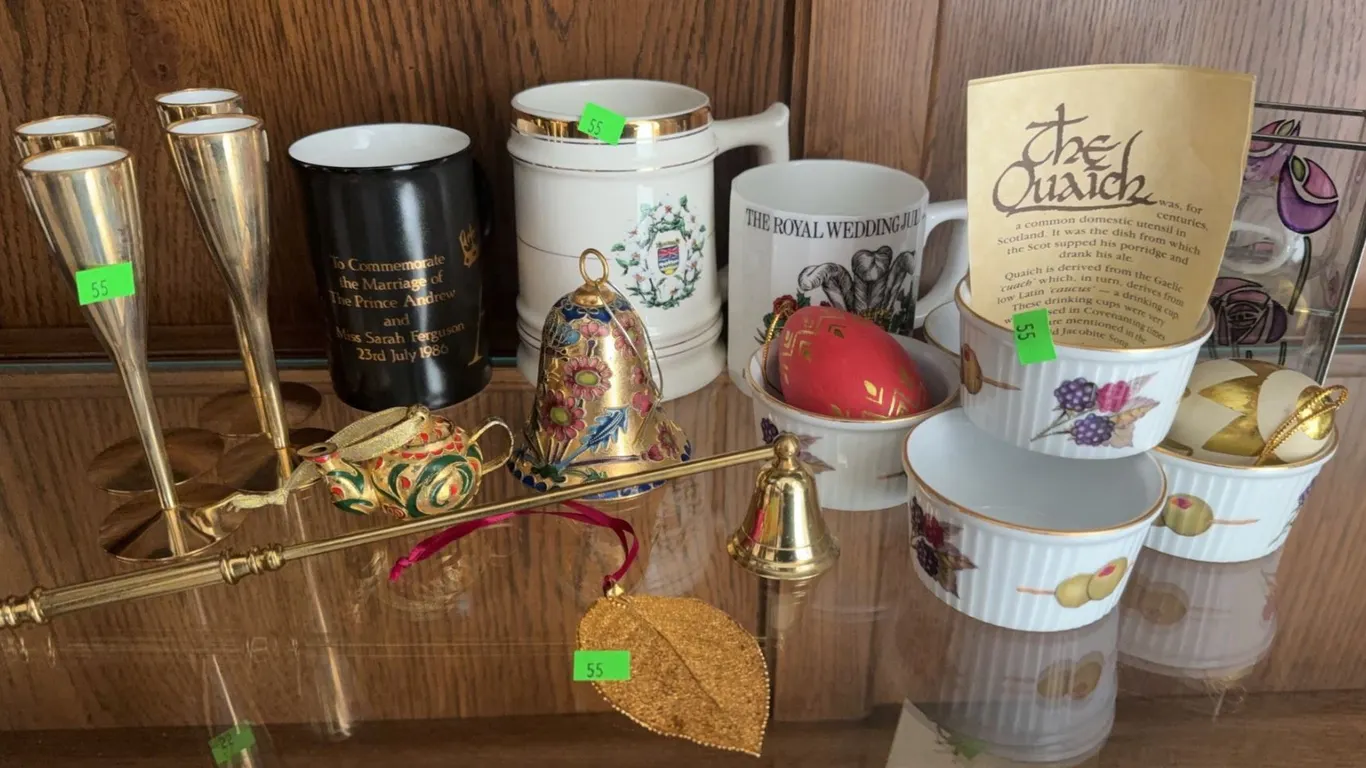 Decorative and Collectible Mugs, Ornaments, Brass Flutes, and Cups