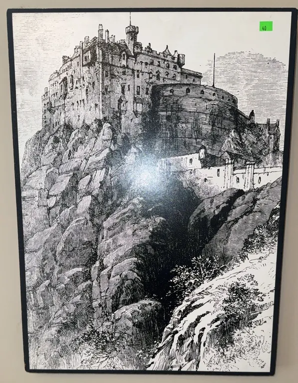 Framed Black and White Castle Illustration Print