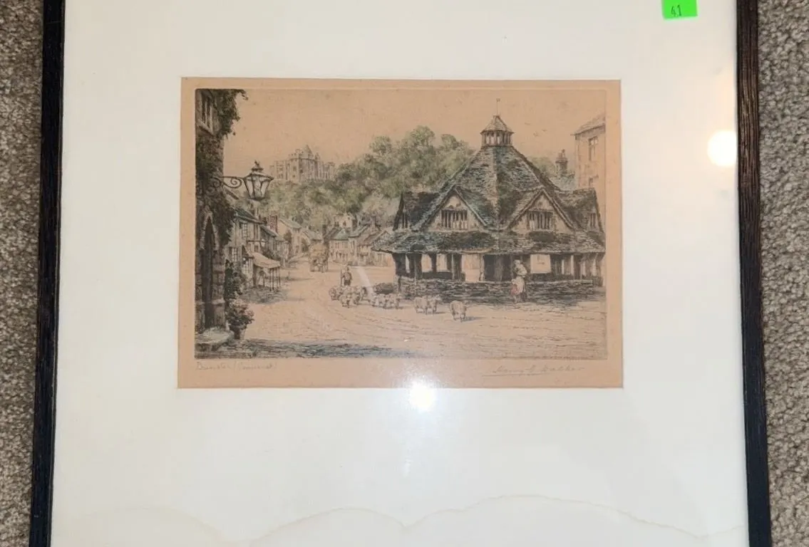 Framed Etching "Dunster (Somerset)" by Henry S. Walker