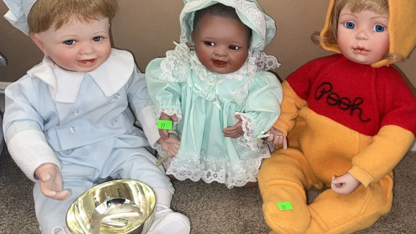Three Ashton Drake Porcelain Dolls Including Pooh Bear Costume and Lace Dress