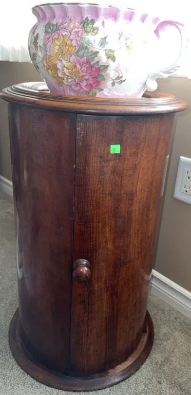 Wooden Washstand Cabinet with Floral Ceramic Pitcher and Bowl