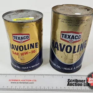OIL CANS (2) : TEXACO Havoline  (10W-30 1L Can Full) (Quart Can Empty) (Tallest Measures : 6-1/2"H x