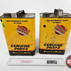 Hydraulic Fluid Cans (2) : Minneapolis-Moline (Both Measure : 10"H x 6-1/2"W x 4"Dia)