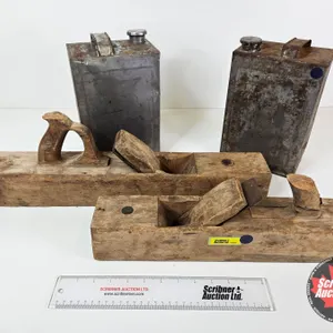 Vintage Collectors Combo : (2) Wood Planes & (2) One Gal Tins (Longest Plane Measures : 22-1/4"L)