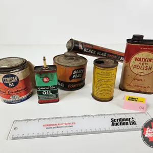 Vintage Tin Combo (5) :  - Whiz - Watkins - CIL - Black Flag - Coleman