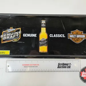 Single Sided Tin Embossed Sign : Miller Genuine Draft/Harley Davidson (Measures : 8"H x 18"W)